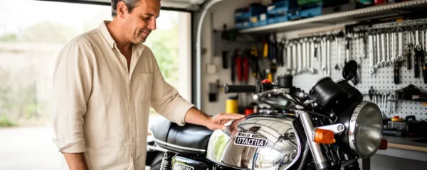 Passionné inspectant sa moto de collection italienne dans un garage organisé