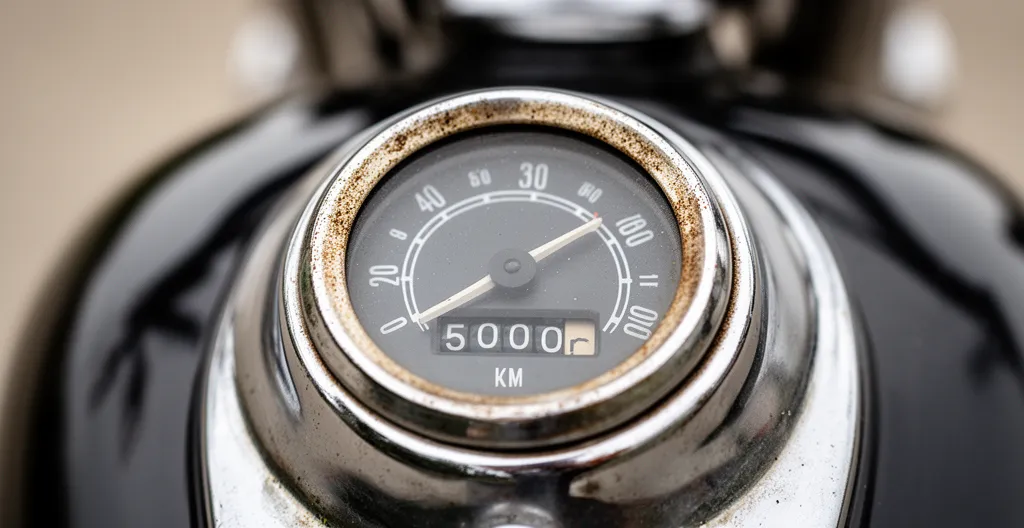 Compteur kilométrique vintage affichant un faible kilométrage sur moto de collection